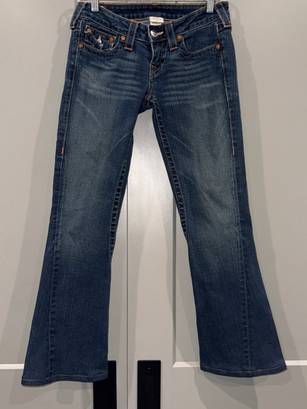True Religion Jean 26 Joey Blue Wash Denim Low Rise Bell Flare Stretch Zip Front